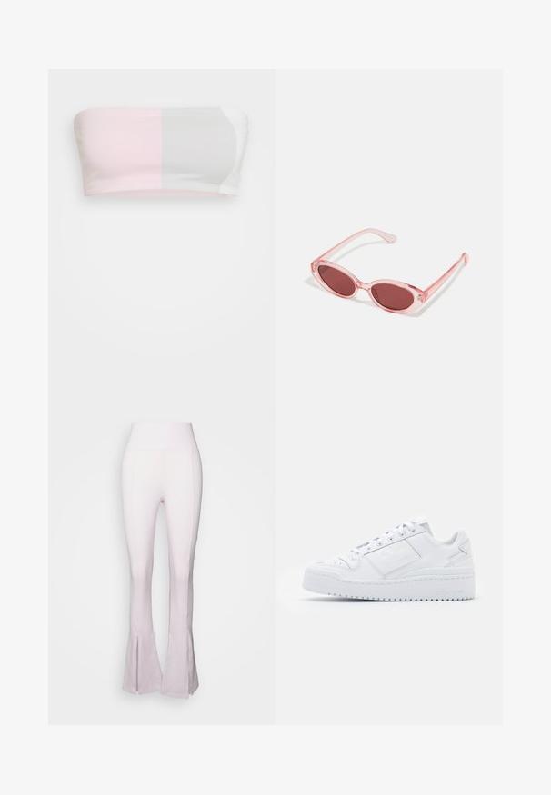 adidas Originals TUBE - Top - clear pink; Lys pink flares bukser med høj talje, der har en glat tekstur og en slids i bunden. Fremstillet af strækbart, tætsiddende stof.; Hvide lædersneakers med en glat overflade, rund tå, lavsnit, snørebånd og en platformsolet, der har diskret branding på siden.; Lyserøde transparente solbriller med ovale linser, mørkerød toning og slanke stænger, der har en glat overflade og diskret detaljering på rammen.