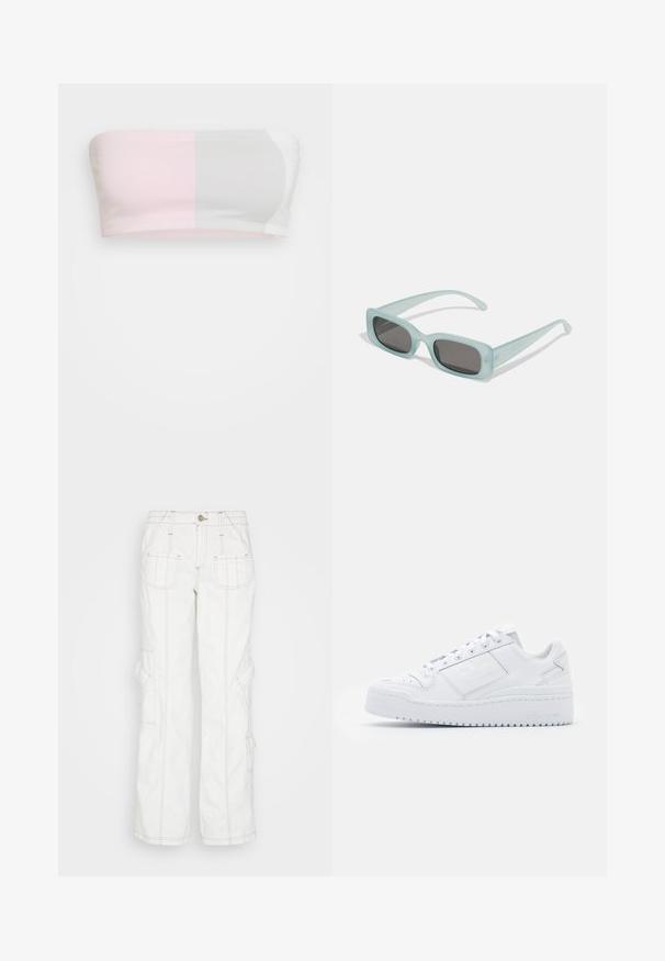 adidas Originals TUBE - Top - clear pink; BDG Urban Outfitters Relaxed fit jeans - white; Witte leren sneaker met een gladde textuur, ronde neus, laag ontwerp, veters en een platformzool met subtiele branding aan de zijkant.; Een paar rechthoekige zonnebrillen met lichtblauwe doorzichtige monturen en donkergrijze glazen, met rechte pootjes en minimale hardwaredetails.