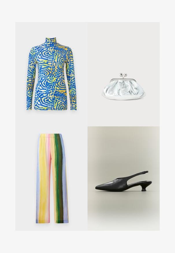 Haut à col roulé à manches longues avec motif abstrait bleu sur fond jaune et blanc, coupe ajustée, présenté sur un fond blanc uni.; Pantalons larges avec une taille élastique, ornés de rayures verticales dans des couleurs pastel : jaune, rose, vert, bleu et violet clair. Texture lisse.; Chaussure à bride arrière en cuir noir avec bout pointu et petit talon bas sur fond neutre.; Petit sac pochette métallique argenté avec un design arrondi et froncé, fermeture à clip avec deux boules argentées.