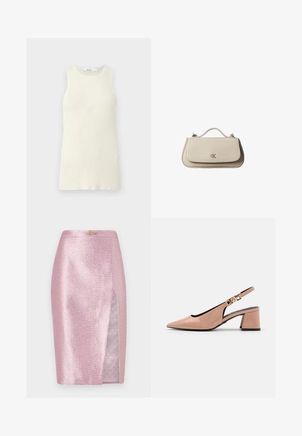 Top sin mangas de color crema hecho de tela de canalé, con un escote redondo y un diseño ajustado. Sin patrones o acentos visibles.; La falda rosa con brillo presenta una abertura lateral y un forro sutil con el monograma de Fendi. Textura suave, diseño ajustado y detalles en metálico.; Zapato de tacón destalonado con punta afilada en piel sintética brillante color nude, que presenta un tacón bloque medio y un detalle de hardware dorado en la correa.; Pequeño bolso de mano de cuero beige con asa superior y logo plateado de CK en la solapa frontal, mostrado sobre un fondo blanco.