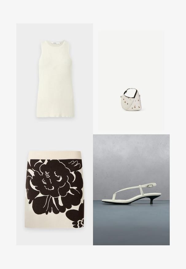 Top sin mangas de color crema hecho de tela de canalé, con un escote redondo y un diseño ajustado. Sin patrones o acentos visibles.; Falda crema con cinturilla ancha acanalada y gran estampado floral negro que cubre la parte delantera del tejido.; Sandalia blanca de tacón kitten con tiras y punta afilada, flotando sobre un suelo de baldosas de madera al aire libre, con un fondo desenfocado de plantas y pared.; Pequeño bolso blanco con manchas marrones, forma triangular redondeada, forro interior negro y correa corta ajustable con hebilla plateada.