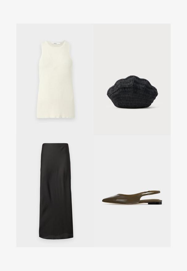 Mouwloze crèmekleurige tanktop van ribstof, met een ronde halslijn en een aansluitend ontwerp. Geen zichtbare patronen of accenten.; Zwarte maxi rok van glad, lichtgewicht stof. Heeft een rechte silhouet met een elastische tailleband en geen zichtbare patronen of versieringen.; Olijfgroene platte slingback met spitse neus, lage zwarte hak en een gladde, glanzende afwerking.; Zwarte gevlochten handtas in de vorm van een sint-jakobsschelp met een gebogen bovenkant en een geweven textuur op een effen achtergrond.