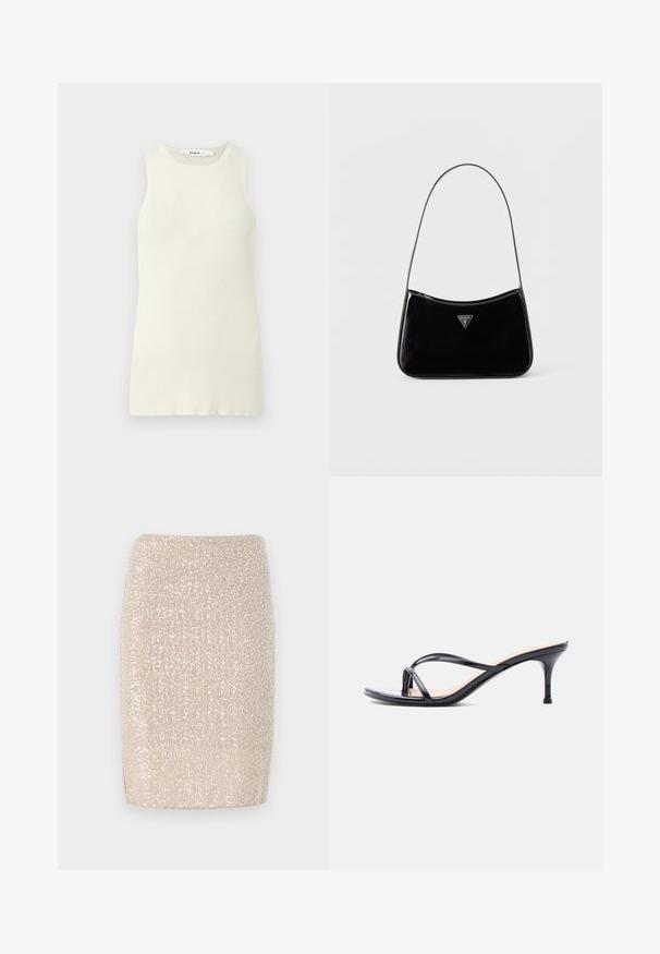 Débardeur sans manches couleur crème en tissu côtelé, avec un col rond et une coupe près du corps. Aucun motif ni accent visible.; Jupe crayon beige scintillante avec une coupe ajustée, recouverte de petits sequins réfléchissants, texture lisse et ourlet droit.; Sandale à talon en cuir verni noir avec fines lanières croisées et talon aiguille moyen et élancé sur fond blanc.; Sac à bandoulière en cuir verni noir avec une sangle fine, logo triangulaire Guess sur le devant et une fermeture éclair supérieure.