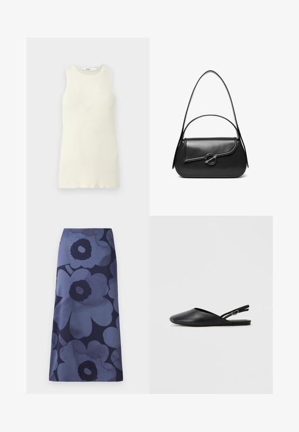 Mouwloze crèmekleurige tanktop van ribstof, met een ronde halslijn en een aansluitend ontwerp. Geen zichtbare patronen of accenten.; Midi-jurk met bloemenprint met grote donkerblauwe bloemen op een lichterblauwe achtergrond; de stof lijkt glad met een licht glanzende textuur.; Zwarte leren slingback schoenen met een puntige neus, gebogen ontwerp en verstelbare gesp. Glad textuur, platte zool, minimale details.; Zwarte leren schoudertas met een gebogen klep die is bevestigd met een ronde metalen sluiting en een smalle, verstelbare band.