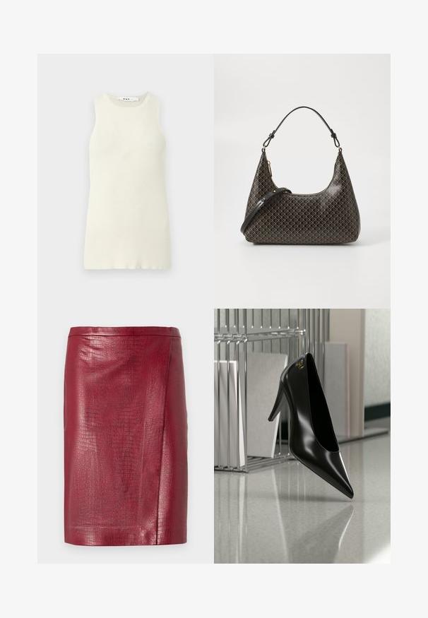 Débardeur sans manches couleur crème en tissu côtelé, avec un col rond et une coupe près du corps. Aucun motif ni accent visible.; Jupe crayon en simili cuir rouge avec texture crocodile, coupe droite et longueur genoux.; Chaussure noire à talon haut avec bout pointu et logo doré, posée sur une surface réfléchissante près d'un organiseur de dossiers en fil chromé contenant des documents.; Sac à épaule en cuir noir avec un motif géométrique beige répétitif, fermeture éclair dorée et deux anses réglables sur fond blanc.