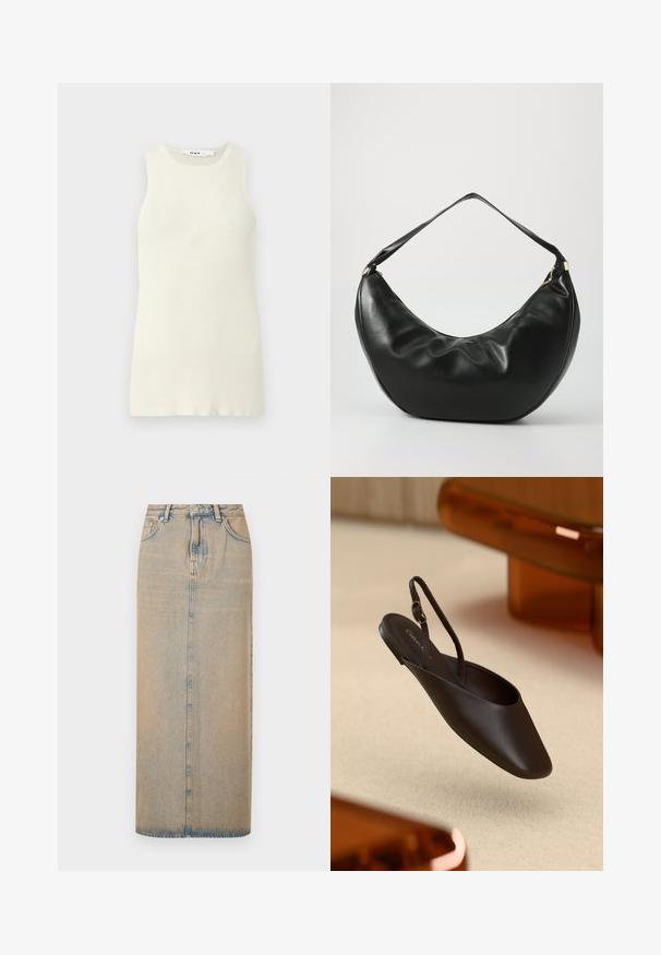 Udenærmet cremet top lavet af ribbet stof, med rund halsudskæring og tætsiddende design. Ingen synlige mønstre eller accenter.; En lang denimnederdel i lyseblå med lige snit. Har fem lommer, bæltestropper og knaplukning foran. Fadede tekstur over det hele.; Sort slingback sko med en afrundet spids tå og en glat mat overflade. Har et slankt justerbart rem og flad sål.; Sort læder skuldertaske med en buet form, blød tekstur og en enkelt rem; har en guldbeslået lynlås og diskret branding.