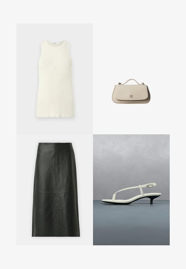 Mouwloze crèmekleurige tanktop van ribstof, met een ronde halslijn en een aansluitend ontwerp. Geen zichtbare patronen of accenten.; Zwarte leren midi-rok met een rechte snit. Gladde textuur, minimale naden en een nauwsluitende tailleband. Geen zichtbare zakken of extra details.; Witte sandaal met smalle bandjes en kitten heel, met een spitse neus, zwevend boven een houten tegelvloer buiten, met op de achtergrond een wazige plant en muur.; Kleine beige leren handtas met bovenhandvat en zilveren CK-logo op de voorflap, getoond tegen een witte achtergrond.