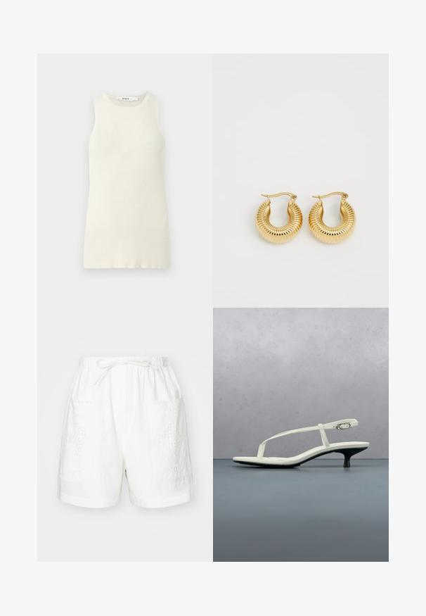 Top sin mangas de color crema hecho de tela de canalé, con un escote redondo y un diseño ajustado. Sin patrones o acentos visibles.; Pantalones cortos de algodón blancos con una cintura elástica, cordón de ajuste y dos bolsillos delanteros que presentan intrincados diseños bordados.; Sandalia blanca de tacón kitten con tiras y punta afilada, flotando sobre un suelo de baldosas de madera al aire libre, con un fondo desenfocado de plantas y pared.; Pendientes de aro en tono dorado con textura estriada y forma redondeada, que presentan un cierre de gancho seguro.