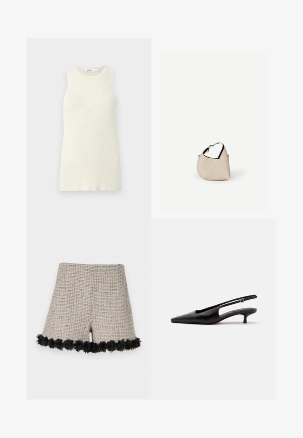 Udenærmet cremet top lavet af ribbet stof, med rund halsudskæring og tætsiddende design. Ingen synlige mønstre eller accenter.; Beige tweedshorts med et tekstureret mønster, der har en sort blomsterdetalje ved kanten. Designet har en generelt skræddersyet form.; Sort læder slingback sko med spids tå og lav lille hæl på en ensartet lys baggrund.; Beige læder håndtaske i halvmåneform med en enkelt skulderrem og minimal syning, sat mod en ensartet hvid baggrund.