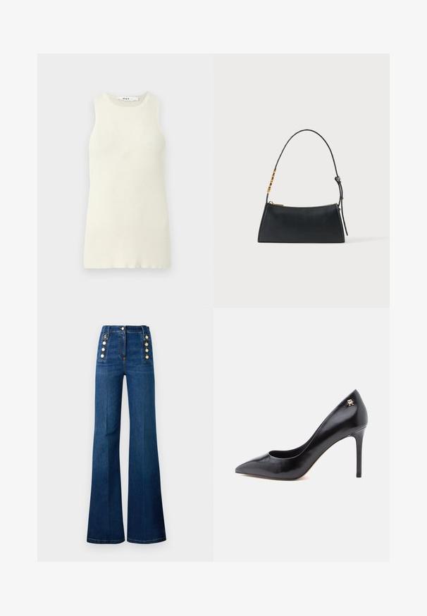 Top sin mangas de color crema hecho de tela de canalé, con un escote redondo y un diseño ajustado. Sin patrones o acentos visibles.; Jeans de talle alto y corte acampanado en denim azul oscuro, con acentos de botones dorados en los lados y una textura suave.; Zapato de tacón alto de cuero negro con punta puntiaguda, con un diseño recortado y un pequeño detalle de logo dorado en el talón.; Bolso de mano de cuero negro con cremallera dorada y correa ajustable con detalles rectangulares dorados sobre un fondo blanco.