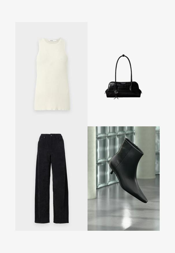 Débardeur sans manches couleur crème en tissu côtelé, avec un col rond et une coupe près du corps. Aucun motif ni accent visible.; Pantalon large en corduroy noir avec taille haute, doté de deux poches avant et d'une texture à côtes verticales subtile.; Bottine en cuir noir à bout pointu et petit talon kitten, présentée en angle devant un sol poli et un mur en blocs de verre.; Sac à épaule en cuir noir à texture crocodile, avec de longues sangles et un petit charm logo argenté sur une sangle.
