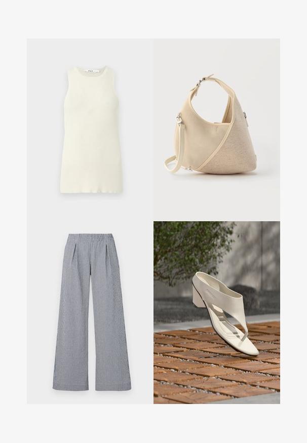 Top sin mangas de color crema hecho de tela de canalé, con un escote redondo y un diseño ajustado. Sin patrones o acentos visibles.; Pantalones de pierna ancha en tejido a rayas navy y blanco. Cuentan con una cinturilla elástica y dos pliegues frontales para un detalle adicional.; Sandalia de tacón de cuero blanco con una tira ancha y separador de dedos, mostrada al aire libre sobre una superficie de madera y baldosas de grava con vegetación al fondo.; Bolso beige con forma de media luna, con texturas de tela mixtas, asa corta y correa de hombro desmontable, sobre un fondo claro.