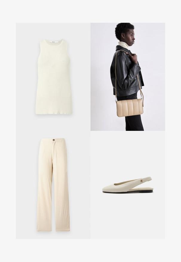 Mouwloze crèmekleurige tanktop van ribstof, met een ronde halslijn en een aansluitend ontwerp. Geen zichtbare patronen of accenten.; Beige, wijde broek gemaakt van lichtgewicht stof. Voorzien van een knoopsluiting aan de voorkant en rechte zoom. Gladde textuur met minimale naden.; Crèmekleurige leren slingback platte schoen met ronde neus en klein gouden embleem op het bandje.; Beige leren crossbody tas met een gequilt ontwerp, rechthoekige vorm, dunne schouderband en zilverkleurige hardware, gedragen door een persoon in een zwarte jas.
