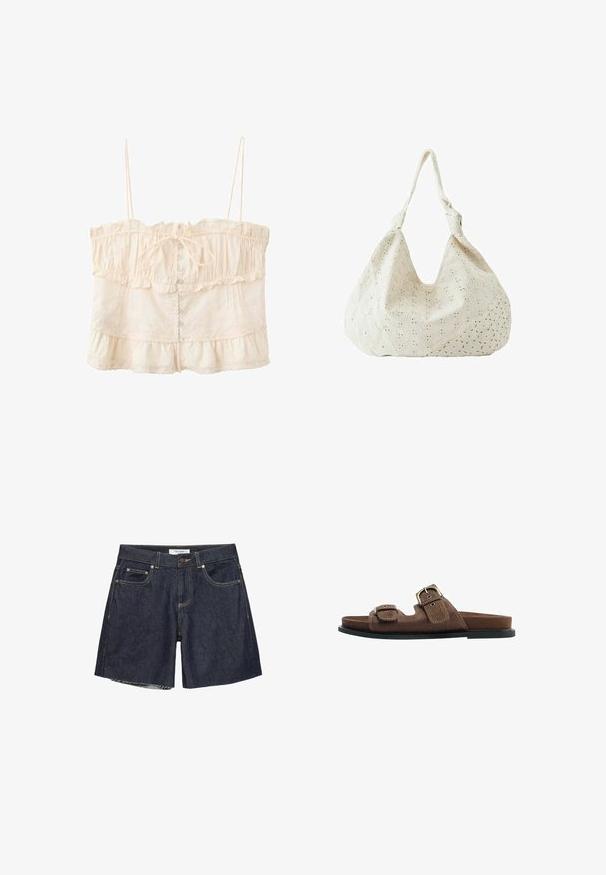 Crop top sans manches couleur crème avec bords froncés, fines bretelles, boutons sur le devant, nœud papillon au niveau de la poitrine et détails en dentelle.; Shorts en denim bleu foncé avec fermeture par bouton et zip, deux poches avant, et bords d'ourlet bruts.; Sandale mule en daim marron avec deux brides réglables à boucle et une semelle plate noire, vue de côté sur fond blanc.; Sac à épaule en tissu couleur crème avec broderie florale à œillets et une seule bandoulière souple.