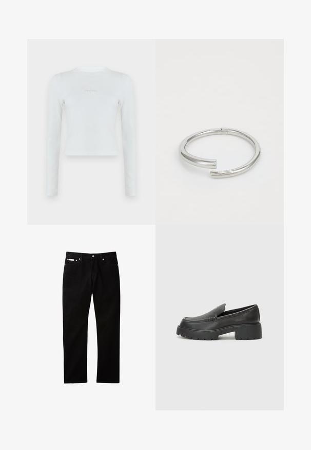 Haut court blanc à manches longues en maille côtelée, avec col rond et petit logo Calvin Klein centré sur la poitrine.; Jean en denim noir à coupe droite, doté d'une fermeture par bouton et zip, de cinq poches, et d'une petite étiquette logo sur la ceinture.; Mocassins en cuir noir avec un bout arrondi, une semelle épaisse et texturée, et des détails de couture minimalistes. Design épuré sans lacets ni métal visibles.; Calvin Klein SPIRAL - Bracelet - silver-coloured