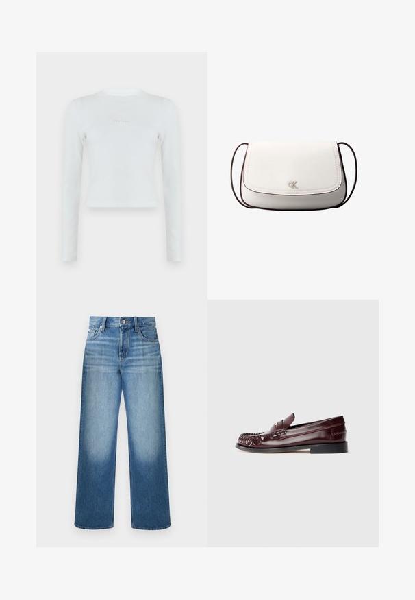 Λευκό μακρυμάνικο ριμπ crop top με στρογγυλή λαιμόκοψη και μικρό λογότυπο Calvin Klein στο κέντρο του στήθους.; Μπλε τζιν παντελόνι με ίσια γραμμή, κλείσιμο με κουμπί και φερμουάρ, σχεδίαση με πέντε τσέπες και ξεθωριασμένο πλύσιμο στους μηρούς και τα γόνατα.; Μπεζ δερμάτινος παπουτσιού penny loafer με μαύρη σόλα και χρυσό μεταλλικό λεπτομέρεια στο πάνω μέρος, απεικονίζεται σε πλάγια όψη σε άσπρο φόντο.; Λευκή τσάντα χιαστί με κλείσιμο με καπάκι, μικρό ασημί λογότυπο "cK" στο κέντρο και λεπτό, σκούρο καφέ ρυθμιζόμενο λουράκι.