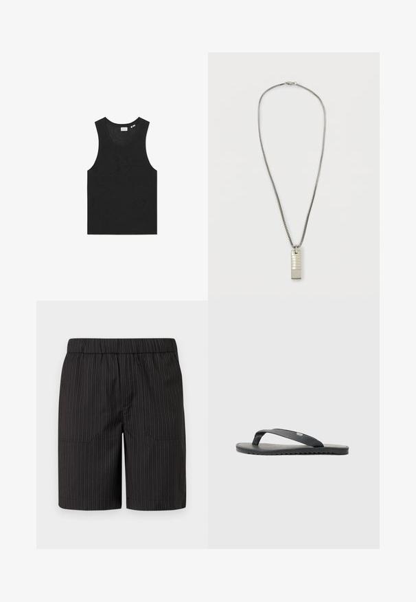 Schwarzes Tanktop mit strukturiertem Muster, ärmellosem Design und rundem Halsausschnitt. Hergestellt aus leichtem Strickmaterial.; Schwarze Shorts mit dezenten vertikalen weißen Streifen, elastischem Bund und zwei Seitentaschen, aus leichtem, strukturiertem Stoff gefertigt.; Schwarze Flip-Flops mit strukturierten Riemen, flacher Sohle und gezacktem Rand. Hergestellt aus Gummi mit glatter Oberfläche und minimalistischer Gestaltung.; Silberne Kettenhalskette mit einem rechteckigen Anhänger mit strukturierten Linien. Anhänger ist mit einer Schlaufe befestigt; die Kette hat ein glattes, flexibles Design.