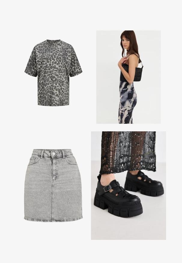 Kortærmet t-shirt med rund halsudskæring med gråt og sort leopardmønster på stof mod hvid baggrund.; Grå denimnederdel med høj talje, frontknaplukning og to sidelommer. Har en rippet kant og en subtil stone-washed tekstur.; Sorte platform sandaler med et chunky design, der har brede stropper og en sidelås. Fremstillet af tekstureret gummi med et logodetalje.; Sort quiltet skuldertaske med en enkelt rem og sølvhardware, parret med en tætsiddende kjole med tie-dye mønster i nuancer af sort og creme.