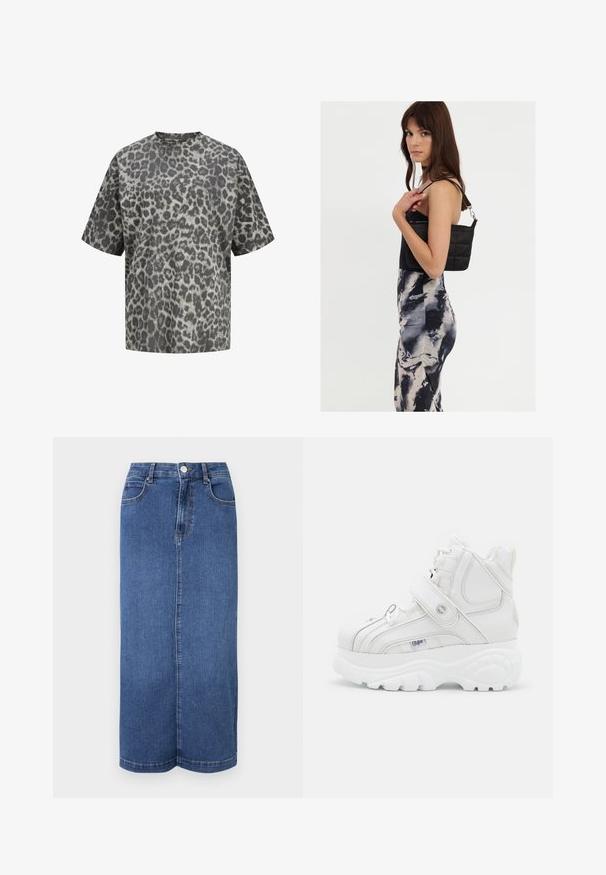 Camiseta de manga corta con cuello redondo y estampado de leopardo en gris y negro sobre tela con fondo blanco.; Falda larga de mezclilla en azul oscuro, con corte recto, cinturilla con cierre de botón y detalles de costura mínimos.; Zapatillas altas blancas de cuero, con correa de hebilla, puntera redonda, suela gruesa y detalles de costura vertical.; Bolso de hombro negro acolchado con una sola correa y herrajes plateados, combinado con un vestido ajustado de patrón tie-dye en tonos de negro y crema.