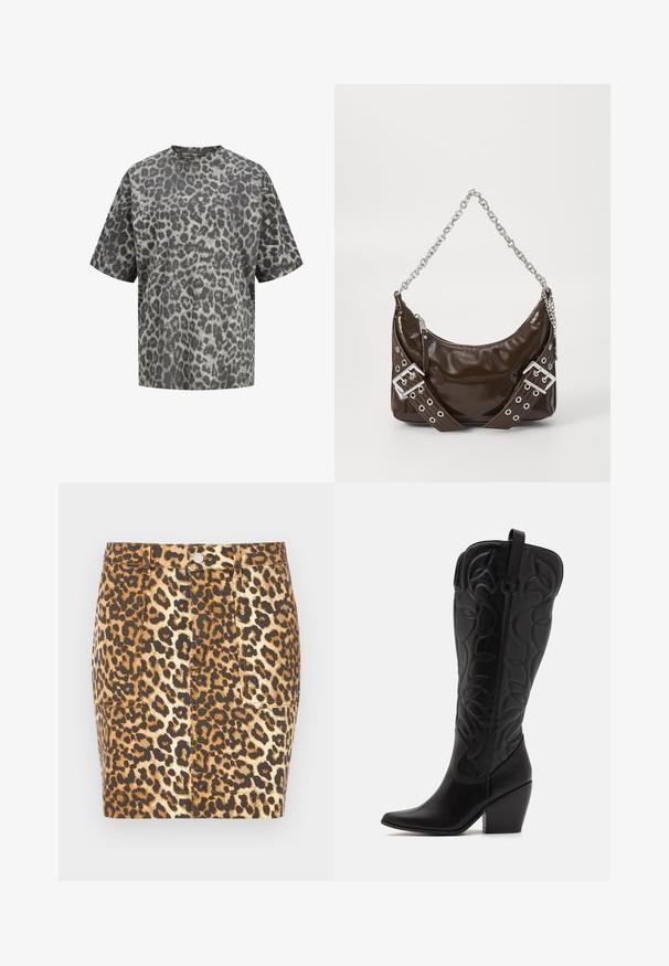 Camiseta de manga corta con cuello redondo y estampado de leopardo en gris y negro sobre tela con fondo blanco.; Minifalda de mezclilla con estampado de leopardo en tonos marrones y beige, que presenta un cierre con botones en la parte delantera y dos bolsillos laterales.; Botas negras de cuero hasta la rodilla con punta puntiaguda y tacón apilado. Presentan costuras decorativas y elementos de diseño curvados.; Bolso de mano de cuero patentado marrón oscuro con cadena plateada, cinturones decorativos de doble hebilla y cierre de cremallera.