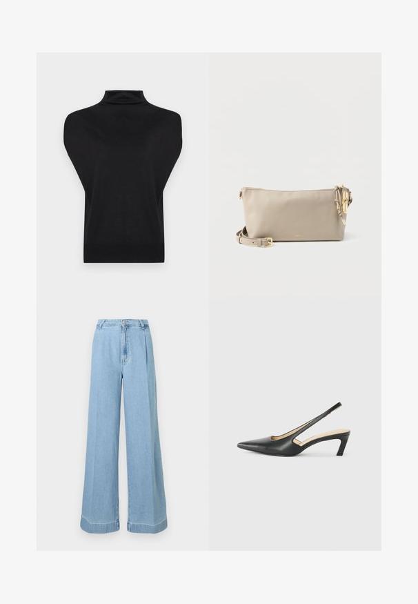 Sort ærmeløs rullekrave-pullover med brede skulderpaneler og tætsiddende ribbet kant, vist mod en hvid baggrund.; Lyseblå denim bredbenede jeans med høj talje, folder foran og rå kant for et afslappet look.; Sorte spidse slingback-sko med en lav hæl, lavet af glat læder og med udskæringer på siden for åndbarhed.; Beige skuldertaske i læder med guldlås og lynlås, lille logo centreret forneden og justerbar rem rullet sammen ved siden af.