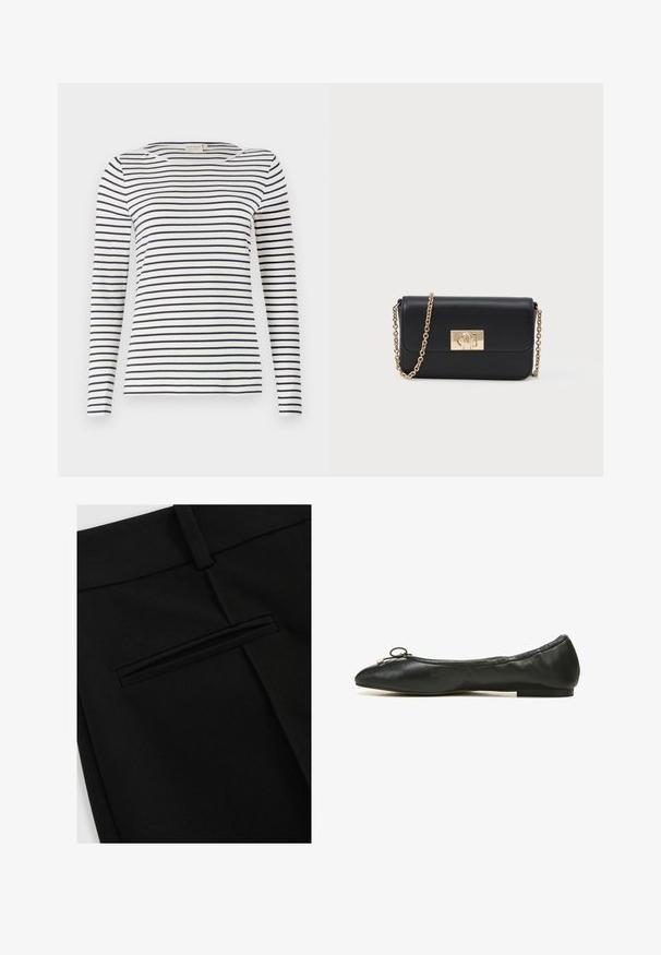 Langærmet stribet skjorte lavet af blødt stof, med marineblå og hvide vandrette striber, rund halsudskæring og en slim-fit design.; Sorte bukser lavet af glat stof, med et fladt design foran og en enkelt baglomme med en slidsåbning.; Sort læder balletflad med rund tå, der har en lille sløjfe og en slank, flad gummisål. Glat tekstur og minimalistisk design.; Sort læder crossbody-pung med guld kædestrop og rektangulær guldspænde på forsiden, sat imod en ensfarvet lys baggrund.