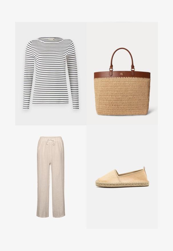 Langærmet stribet skjorte lavet af blødt stof, med marineblå og hvide vandrette striber, rund halsudskæring og en slim-fit design.; Linnedbukser i lys beige med elastisk talje og snøre, der har en afslappet pasform og lige ben.; Espadrille slip-on sko med en tekstureret lys orange overdel, beige trim og flettet jutesål, med en bagløkke for nem påtagning.; Stor vævet beige taske med brune læderkanter og hanke, med guld RL-logo foran.