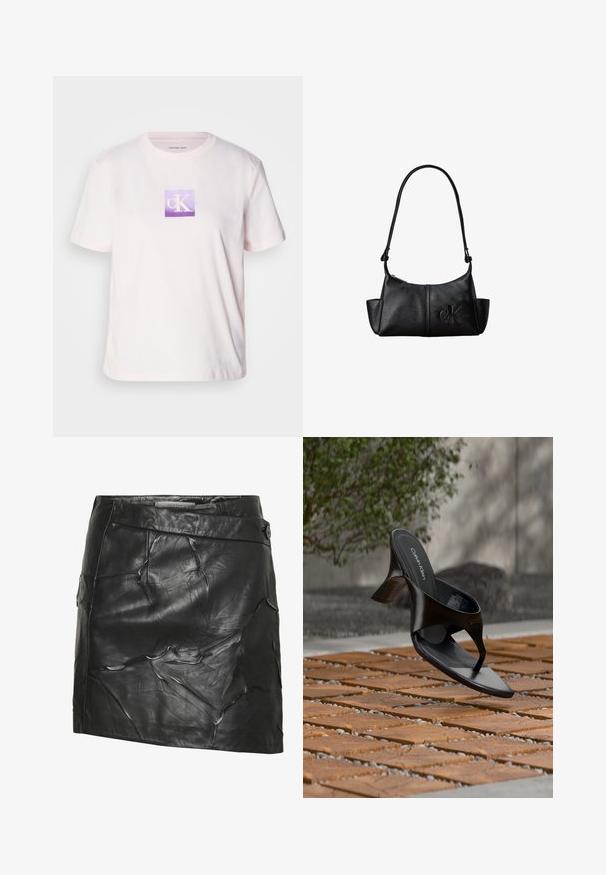 T-shirt en coton rose clair à manches courtes, avec un logo graphique carré violet au centre contenant les lettres blanches "cK".; Jupe en cuir noir à texture froissée, avec une taille haute, fermeture à boutons sur le côté et un ourlet asymétrique.; Sandale à talon noire Calvin Klein en forme de tongs flottant au-dessus d'une surface extérieure carrelée avec de la verdure et un mur en béton en arrière-plan.; Sac à bandoulière en cuir noir avec une longue sangle, des poches latérales et le logo Calvin Klein embossé sur le devant.