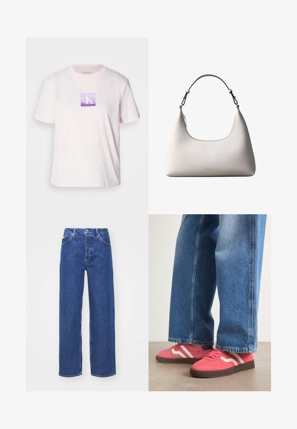 Lichtroze katoenen T-shirt met korte mouwen, met een vierkant paarse grafische logo met witte "cK" letters in het midden.; Blauwe denim wijde benen jeans met een hoge taille, voorzien van een rits en knoopsluiting, riemlussen en subtiele vervagingdetails op de stof.; Roze suède sneakers met witte golvende strepen en bruine rubberen zolen, gecombineerd met lichtblauwe wijde denim jeans.; Romige Calvin Klein leren schoudertas met gebogen bovenrand, zilveren rits en donkerbruine verstelbare riem.