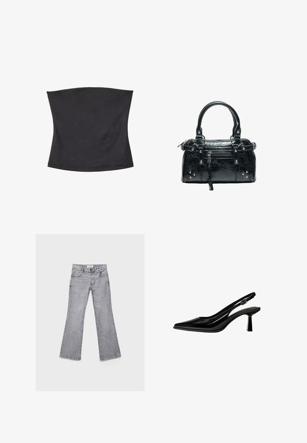 Haut tube noir en tissu doux et extensible. Texture lisse avec une bande élastique aux bords supérieur et inférieur pour un ajustement sûr. Sans motif.; Jean gris clair à jambes droites avec poches avant et arrière, passants de ceinture et fermeture par bouton, présenté à plat sur un fond blanc.; Escarpin slingback en cuir verni noir avec bout pointu, talon bloc de hauteur moyenne et bride réglable à boucle sur fond blanc.; Sac à main en cuir noir avec deux poignées, poche avant zippée, clous argentés et surface texturée isolée sur fond blanc.