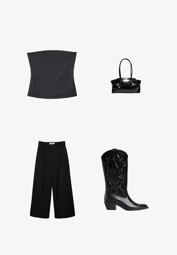 Haut tube noir en tissu doux et extensible. Texture lisse avec une bande élastique aux bords supérieur et inférieur pour un ajustement sûr. Sans motif.; Pantalon noir à jambes larges avec taille haute, présentant des plis à l'avant, deux poches latérales et une fermeture par bouton. Texture de tissu lisse.; Botte de cowboy en cuir noir avec des motifs décoratifs brodés, bout pointu, talon incliné de hauteur intermédiaire et lanière de tirage en haut de la tige.; Sac à main en cuir noir avec deux longues anses et des détails à boucle, avec un motif quadrillé texturé sur la surface.