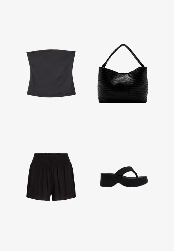 Haut tube noir en tissu doux et extensible. Texture lisse avec une bande élastique aux bords supérieur et inférieur pour un ajustement sûr. Sans motif.; Shorts noirs en tissu léger, avec une ceinture froncée et une coupe ample, dotés d'une surface douce et légèrement texturée.; Sandale noire à plateforme avec semelle épaisse et large bride d'orteil, vue de côté sur fond blanc.; Sac à main tissé noir avec une anse unique tressée, forme rectangulaire et surface texturée brillante.