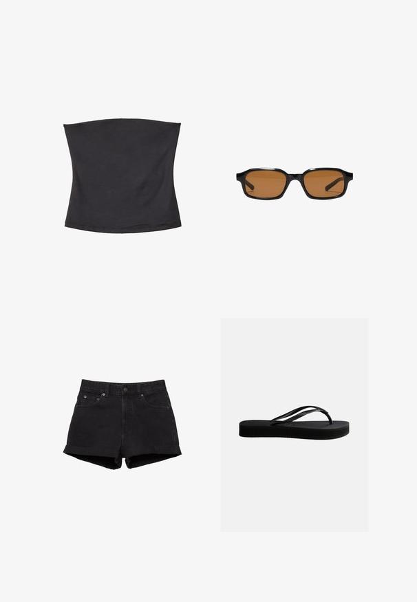 Sort tube top lavet af blødt, elastisk stof. Glat tekstur med elastikbånd i både top- og bundkant for en sikker pasform. Ingen mønster.; Sorte denimshorts med opkrøbede kanter, forlommer, bæltestropper og knaplukning på hvid baggrund.; Sort gummiflipflop med tekstureret sål og Y-formet rem, vist i sideprofil mod en ensartet lys baggrund.; Sorte rektangulære solbriller med tykke stel og brune tonede linser, vist forfra på en hvid baggrund.