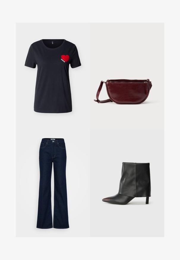 Zwart T-shirt met korte mouwen en ronde hals, met een rood hart en het woord "AMOUR" op het linkerborstgebied.; ONLY Tall ONLJUICY WIDE RINSE - Wide leg - dark blue denim; Zwarte enkellaars van glad leer met een puntige neus en een taps toelopende hak. Het bovenwerk heeft een licht geplooid ontwerp.; Dieprode lederen handtas met een halve-maansvorm, een ritssluiting en een afneembare riem. Gladde textuur met een subtiele glans.