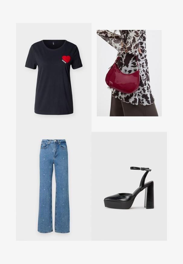 Zwart T-shirt met korte mouwen en ronde hals, met een rood hart en het woord "AMOUR" op het linkerborstgebied.; Blauwe hoge taille rechte jeans met kleine witte bloemenborduursels verspreid over de stof.; Zwarte plateauhakken met een puntige neus en verstelbare enkelband. Gemaakt van soepel leer, met een robuuste blokhak.; Vrouw met een zwart-wit gebloemde blouse houdt een glanzende rode schoudertas vast tegen een effen achtergrond.