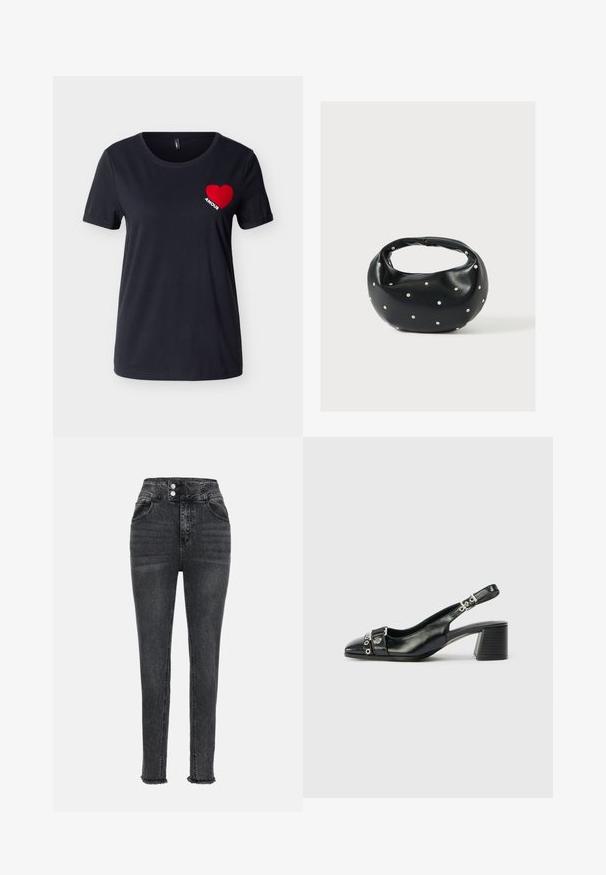 Schwarzes T-Shirt mit kurzen Ärmeln und rundem Ausschnitt, mit einem roten Herz und dem Wort "AMOUR" auf der linken Brustseite.; Schwarze, hoch taillierte Jeans aus Denim mit schmaler Passform, zwei vorderen Taschen, einem Reißverschluss mit zwei Knöpfen und fransigen Saumdetails.; Schwarze Leder-Slingback-Pumps mit spitzem Vorderteil, strukturiertem Riemen mit runden metallischen Akzenten und gestapeltem Blockabsatz.; Schwarze Lederhandtasche mit abgerundeter Form, verziert mit silbernen Nietenakzenten und kurzem Griff. Glatte Struktur und Reißverschlussverschluss.