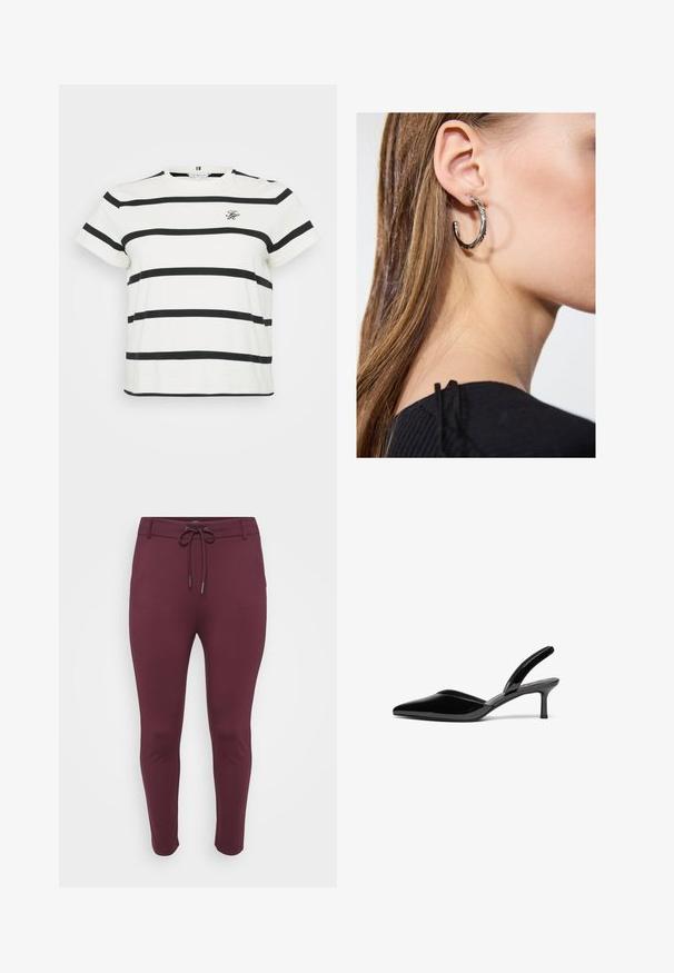 Weißes T-Shirt mit horizontalen schwarzen Streifen, kurzen Ärmeln und rundem Ausschnitt. Besitzt ein kleines gesticktes Logo auf der Vorderseite.; Burgunderfarbene, dehnbare Hose mit einem Kordelzugbund, die ein figurschmeichelndes Design und schmal zulaufende Beine aufweist, vor einem weißen Hintergrund präsentiert.; Schwarze Lackleder-Slingback-Pumps mit spitzem Fuß, niedrigem Stiletto-Absatz und einem eleganten, schlichten Design ohne Verzierungen.; Silberne Creolen mit polierter Oberfläche, die kleine goldene Akzentdetails und eine runde Form aufweisen, am Ohrläppchen getragen.