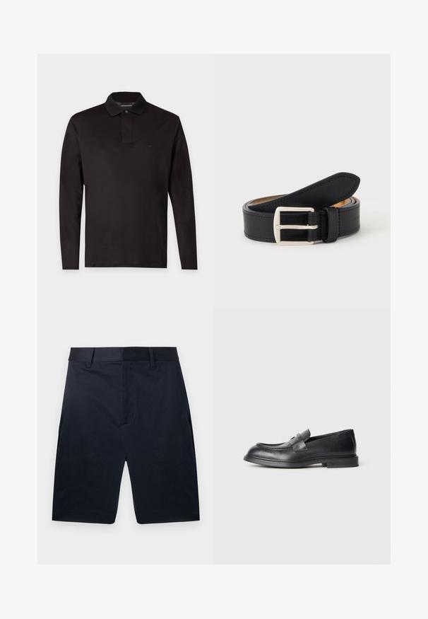 Polo noir à manches longues avec col, un seul bouton et un logo discret sur la poitrine gauche, présenté sur un fond clair uni.; Shorts bleu marine sur mesure, longueur genou, avec passants de ceinture et fermeture à glissière avant cachée, présentés à plat sur un fond blanc.; Mocassins en cuir noir avec une finition texturée, dotés d'une bride décorative à l'avant et d'un bout arrondi. Semelle en caoutchouc pour plus de durabilité.; Ceinture en cuir noir roulée avec une boucle en métal argenté rectangulaire visible sur un fond clair uni.