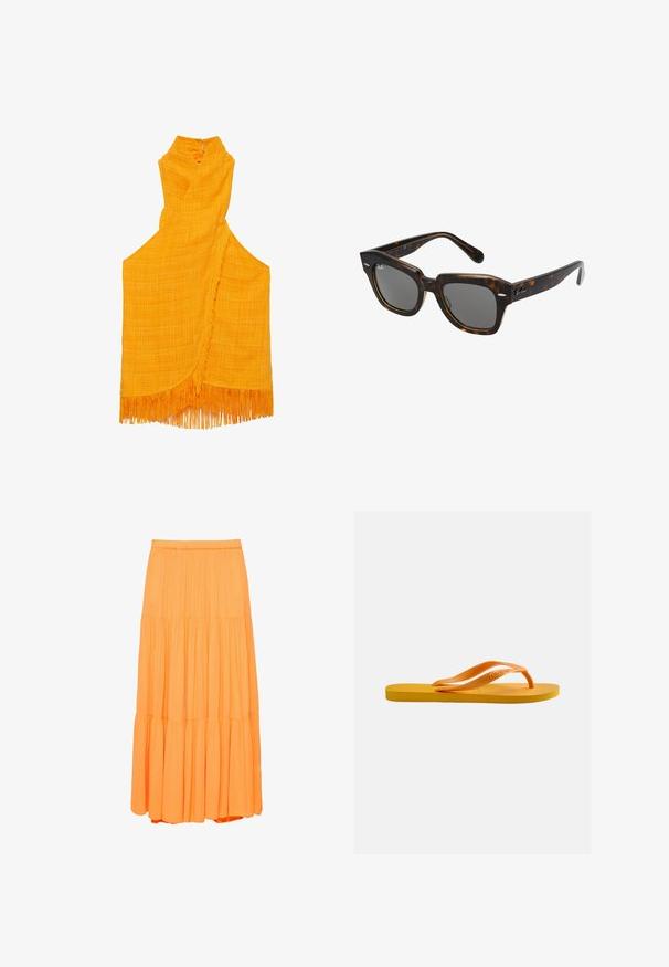 Ärmelloses, orangefarbenes Wickelkleid mit Fransen am Saum, strukturiertem Stoff und kleinem Schlüssellochverschluss am Ausschnitt.; Langer, gestufter oranger Rock mit elastischem Bund und gerafften Stoffbahnen, die eine fließende Silhouette schaffen.; Gelbe Flip-Flop-Sandale mit strukturierter Sohle und orangen Gummiriemen vor einem schlichten hellgrauen Hintergrund.; Rechteckige Sonnenbrille mit einem Schildpatt-Kunststoffrahmen, dunklen Gläsern und silbernen Akzenten an den Seiten. Hergestellt in Italien.