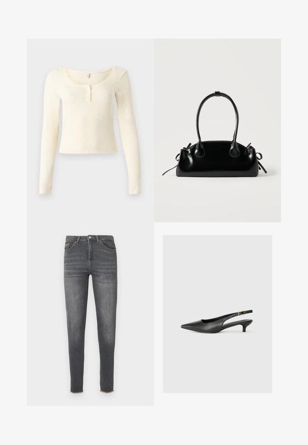 Top à manches longues en maille côtelée de couleur crème clair ; présente un col rond et une patte de boutonnage à trois boutons. Texture douce et coupe ajustée.; Jean skinny en denim gris délavé à taille haute, avec cinq poches, des accessoires dorés et un ourlet brut raccourci.; Chaussure slingback noire à bout pointu en cuir lisse. Présente un talon fin et un détail de boucle sur la sangle réglable.; Petit sac à main noir brillant avec deux longues anses et des détails à cordon sur les côtés sur un fond clair uni.