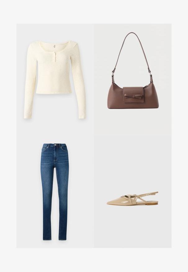 Langärmliges, geripptes Strickoberteil in hellem Creme; mit rundem Ausschnitt und einer Leiste mit drei Knöpfen. Weiche Textur und figurbetontes Design.; Hochgeschnittene Skinny-Jeans aus mittelblauem Denim mit klassischem Fünf-Taschen-Design und Knopfverschluss.; Beige lackleder Slingback-Ballerinas mit spitz zulaufender Zehenpartie, dekorativen Riemen und Schnallen sowie einem niedrigen Absatz. Glatte, glänzende Oberfläche mit minimaler Detailgestaltung.; Braune Leder-Umhängetasche mit einer vorderen Klappentasche, die ein gestepptes Schleifendetail und einen verstellbaren Riemen aufweist.