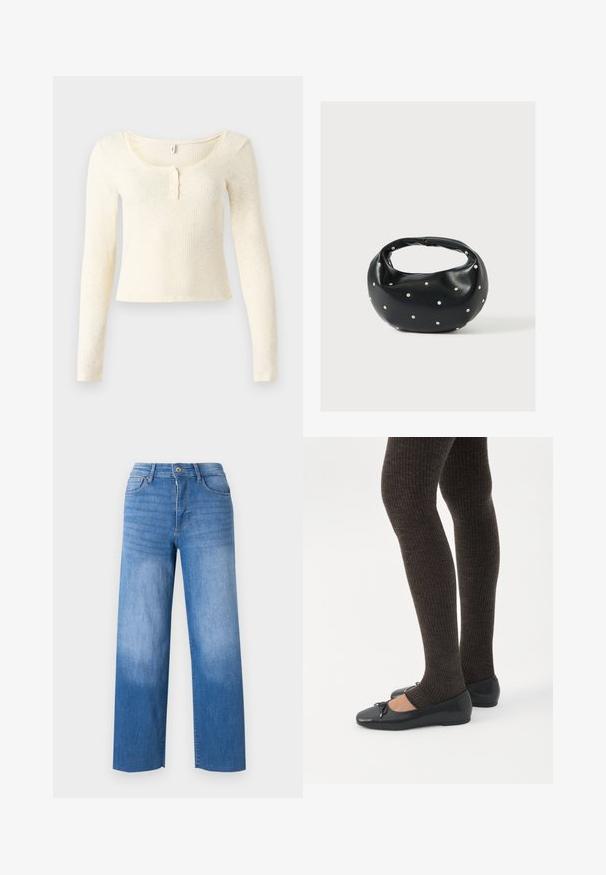 Langærmet, ribstrikket top i lysecreme; har en rund halsudskæring og en knapstolpe med tre knapper. Blød tekstur og tæt pasform.; Lyseblå denimjeans med vid benåbning, der har fem lommestile, lynlås i gylpen og diskret falmning på lårene. Rene kantfinish.; Ben iført mørke ribbede leggings kombineret med sorte balletsko med små sløjfedetaljer på hvid baggrund.; Sort læderhåndtaske med en rundet form, dekoreret med sølvnitter, og et kort håndtag. Glat tekstur og lynlåslukning.