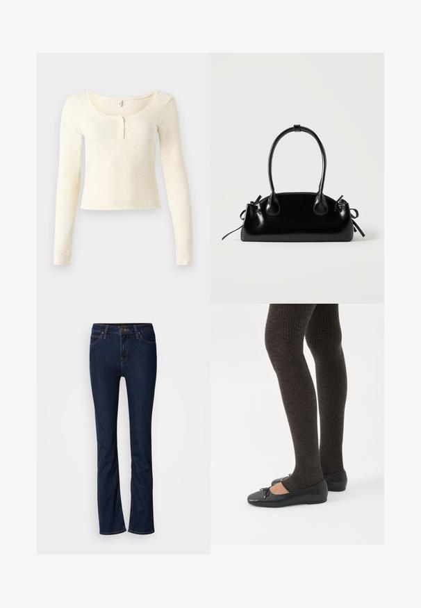 Langærmet, ribstrikket top i lysecreme; har en rund halsudskæring og en knapstolpe med tre knapper. Blød tekstur og tæt pasform.; Mørkeblå denim jeans med lige ben-design, fem-lomme stil og lys syning. Linningen har en metal-knap lukning.; Ben iført mørke ribbede leggings kombineret med sorte balletsko med små sløjfedetaljer på hvid baggrund.; Lille sort blank håndtaske med to lange håndtag og snøre-detaljer i siden på en ensfarvet lys baggrund.