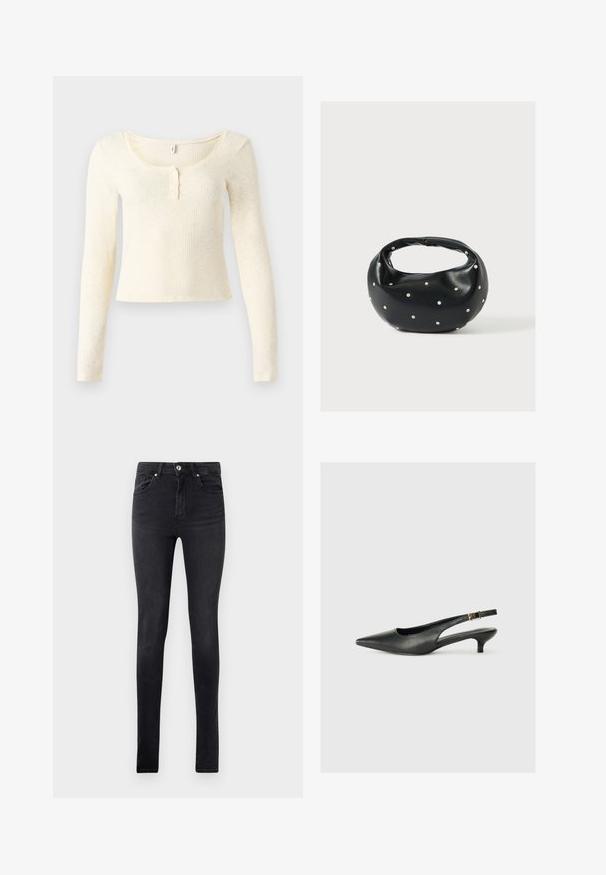 Langärmliges, geripptes Strickoberteil in hellem Creme; mit rundem Ausschnitt und einer Leiste mit drei Knöpfen. Weiche Textur und figurbetontes Design.; Schwarze Slim-Fit-Jeans aus Denim mit fünf Taschen und einem Knopfverschluss an der Taille, auf einem schlichten weißen Hintergrund präsentiert.; Schwarzer Slingback-Schuh mit spitzem Zehenbereich aus glattem Leder. Mit einem dünnen Absatz und einer dekorativen Schnalle am verstellbaren Riemen.; Schwarze Lederhandtasche mit abgerundeter Form, verziert mit silbernen Nietenakzenten und kurzem Griff. Glatte Struktur und Reißverschlussverschluss.