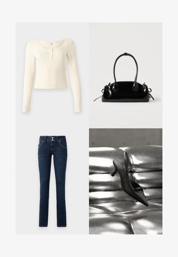 Langärmliges, geripptes Strickoberteil in hellem Creme; mit rundem Ausschnitt und einer Leiste mit drei Knöpfen. Weiche Textur und figurbetontes Design.; Dunkelblaue Skinny-Jeans mit doppelt-knopfverschluss, Fronttaschen und gelben Nähten auf einem weißen Hintergrund.; Schwarzer Slingback-Pumps mit spitzer Kappe und kleinem Schleifchen, der auf glänzend silbernem, getuftetem Lederpolster liegt.; Kleine schwarze glänzende Handtasche mit zwei langen Griffen und seitlichen Kordelzug-Details vor einfachem hellem Hintergrund.