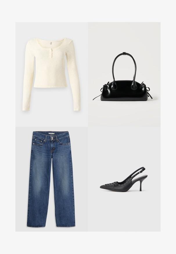 Langærmet, ribstrikket top i lysecreme; har en rund halsudskæring og en knapstolpe med tre knapper. Blød tekstur og tæt pasform.; Blå denim bredbenede jeans med knaplukning, fem lomme-design, let falming på lårene og syningsdetaljer på sømmene.; Sorte læder slingback stiletto med spids tå, side spændebånd, nitter langs kanten og dekorativ snøring foran.; Lille sort blank håndtaske med to lange håndtag og snøre-detaljer i siden på en ensfarvet lys baggrund.