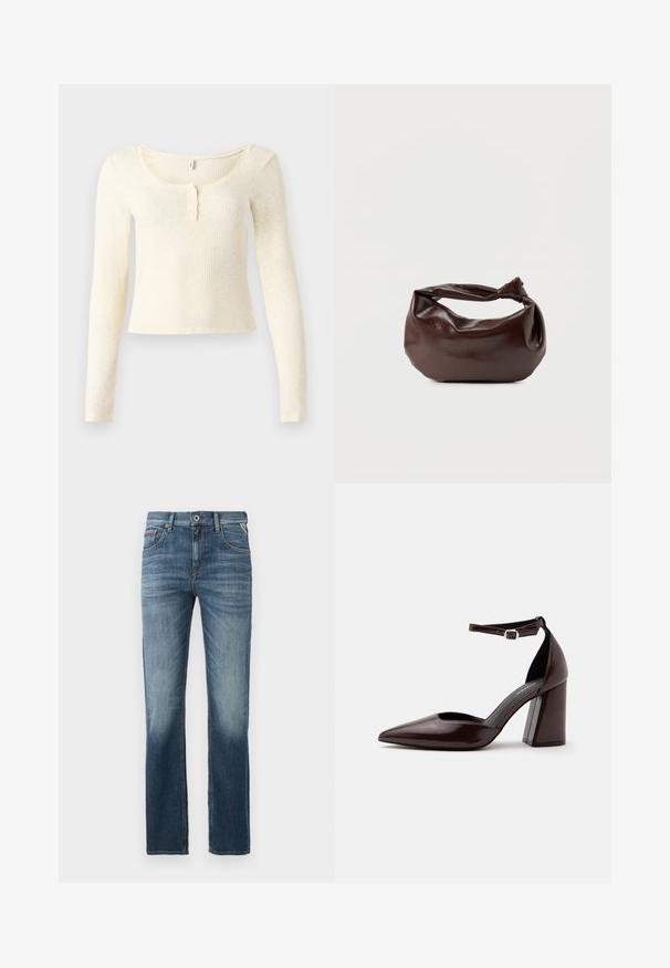 Top à manches longues en maille côtelée de couleur crème clair ; présente un col rond et une patte de boutonnage à trois boutons. Texture douce et coupe ajustée.; Jeans en denim bleu foncé avec une coupe à jambes droites, un léger délavage au niveau des cuisses et des coutures contrastantes. Design classique à cinq poches avec une fermeture éclair.; Chaussure à talon haut en cuir marron foncé à bout pointu, avec bride à la cheville et boucle argentée sur fond blanc.; Sac bandoulière en cuir marron foncé avec une forme souple et décontractée et une anse nouée torsadée sur un fond blanc uni.