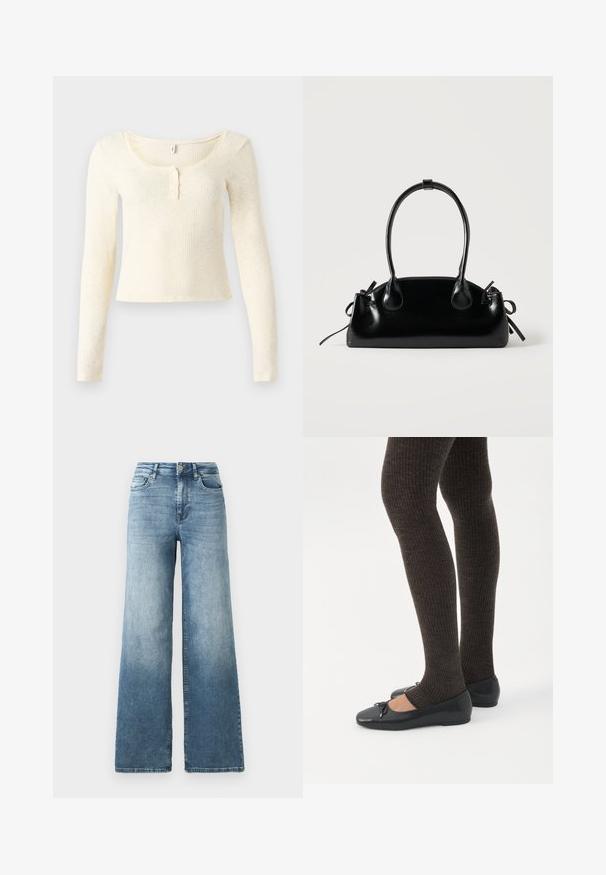 Top met lange mouwen van geribd breisel in lichtcrème; heeft een ronde hals en een knoopsluiting met drie knopen. Zachte textuur en aansluitend model.; Snijdemim jeans met wijde pijpen in een lichtblauwe wassing, voorzien van een hoge taille, vijf-pocketontwerp en subtiele vervaging op de stof. Klassieke metalen knoopsluiting.; Benen met donkere geribbelde leggings gecombineerd met zwarte ballerina's met kleine strikdetails op een witte achtergrond.; Kleine zwarte glanzende handtas met twee lange hengsels en zijkant trekkoord details op een effen lichte achtergrond.