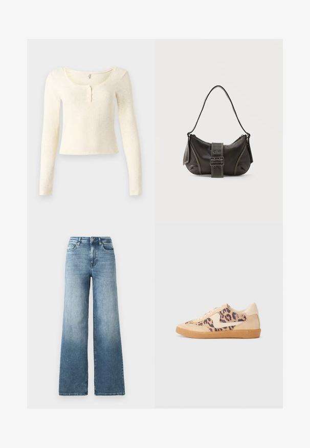 Langærmet, ribstrikket top i lysecreme; har en rund halsudskæring og en knapstolpe med tre knapper. Blød tekstur og tæt pasform.; Vide ben jeans i lys blå vask, med høj talje, fem-lomme design og subtil falmen på stoffet. Klassisk metalknap lukning.; Leopardprint sneakers med beige ruskindsoverdel, tan gummisål og hvide detaljer. Rund pegefinger og snørebåndsdesign med en tekstureret finish.; Sort læder skuldertaske med spænde på remmen, afrundede kanter og kontrasterende hvide syninger på en ensfarvet baggrund.