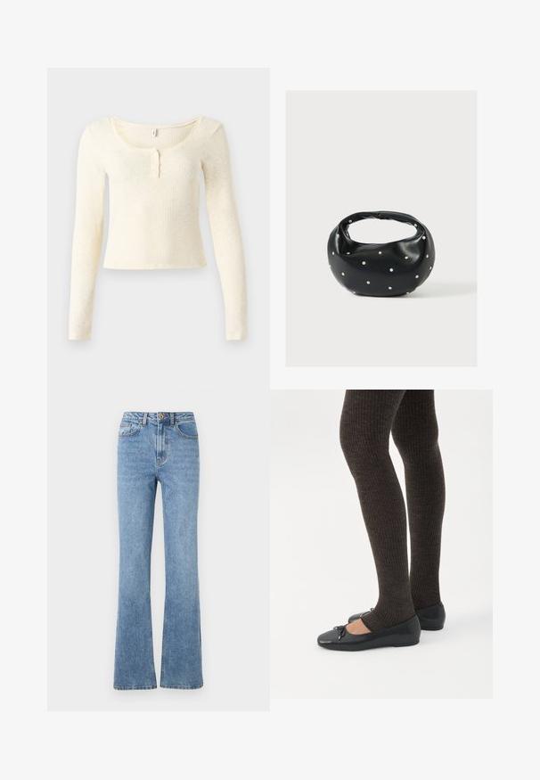 Top met lange mouwen van geribd breisel in lichtcrème; heeft een ronde hals en een knoopsluiting met drie knopen. Zachte textuur en aansluitend model.; Lichtblauwe denim jeans met een flare-pasvorm, hoge taille en minimale hardware. Kenmerken zijn de klassieke vijfzak-stijl en subtiele stiksels.; Benen met donkere geribbelde leggings gecombineerd met zwarte ballerina's met kleine strikdetails op een witte achtergrond.; Zwarte leren handtas met een afgeronde vorm, versierd met zilveren studs, en een korte handgreep. Gladde textuur en ritsluiting.